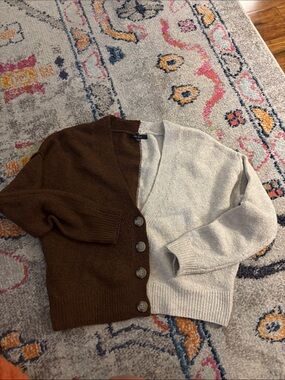Two-Tone Brown and Ivory cropped Button Cardigan Sweater